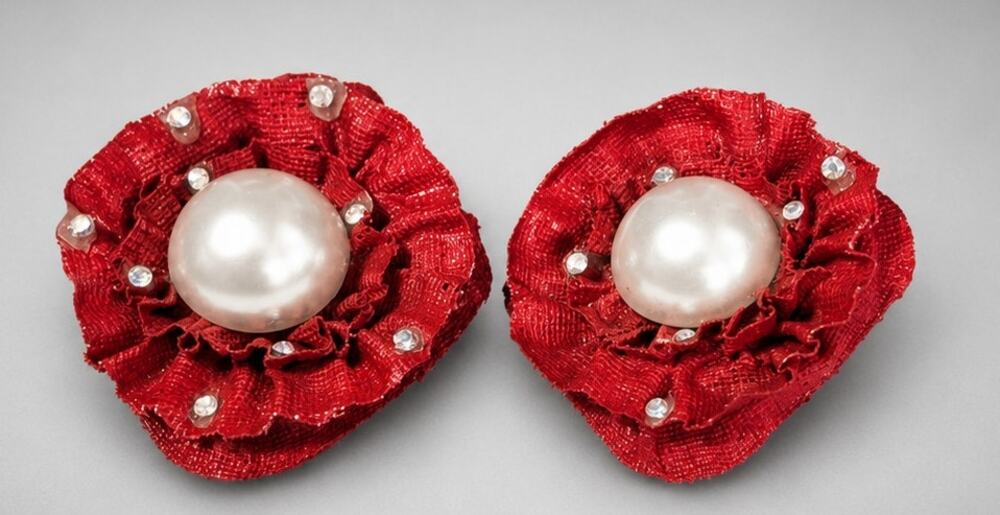 Vintage Flower Clip-on Earrings 2" Red Faux Pearl Rock-a-billy Large Rhinestones